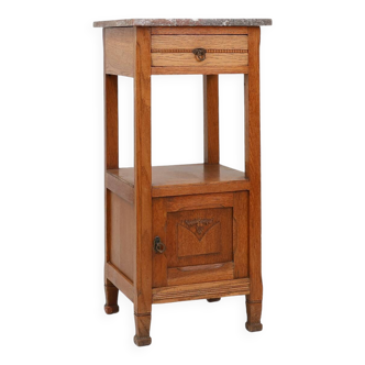 Table de chevet Art Déco en chêne avec plateau en marbre rose, France vers 1930