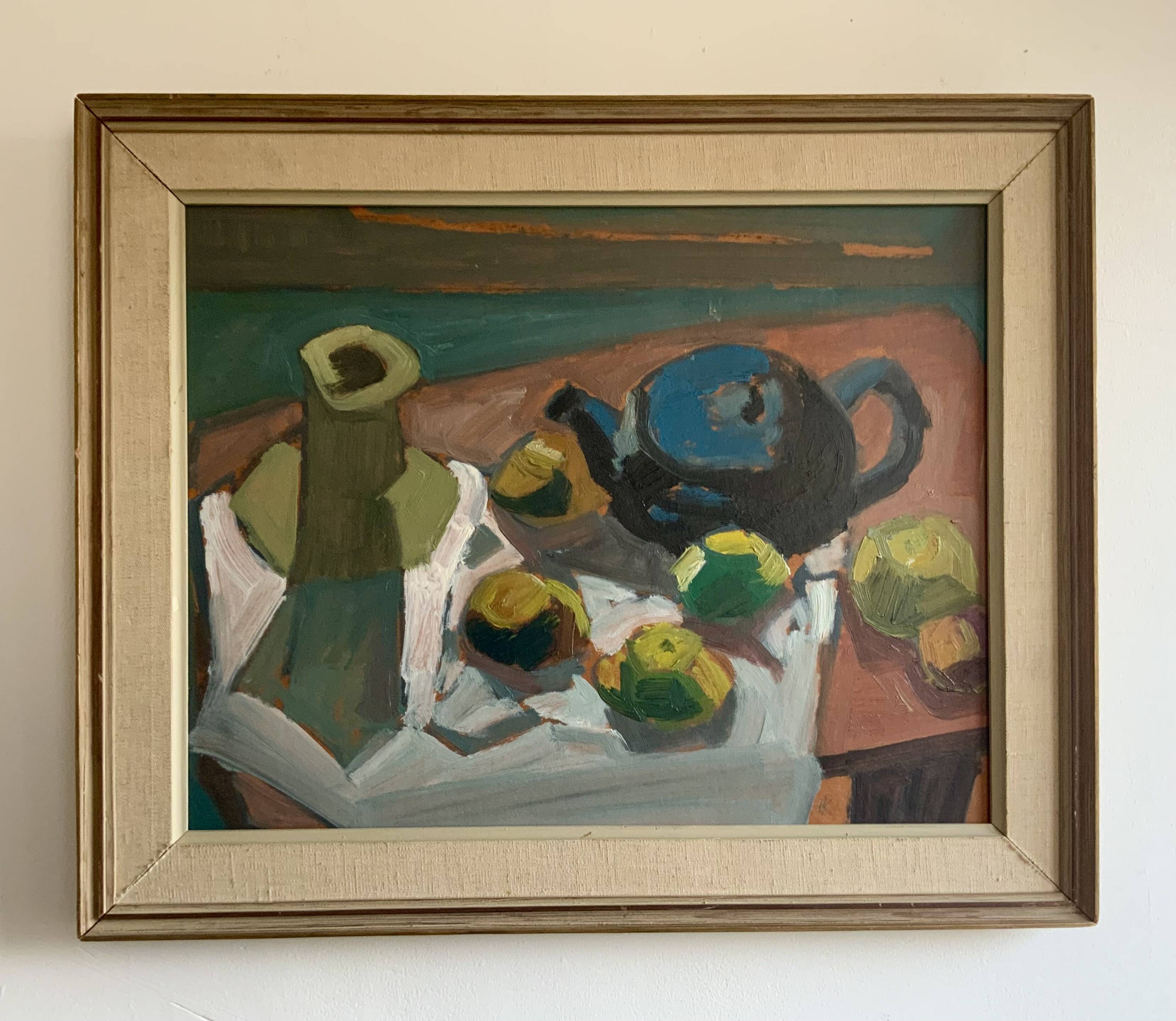 Original Modernist artwork still life with fruits and blue teapot 1950s