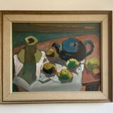 Oeuvre moderniste originale nature morte avec des fruits et une théière bleue des années 1950