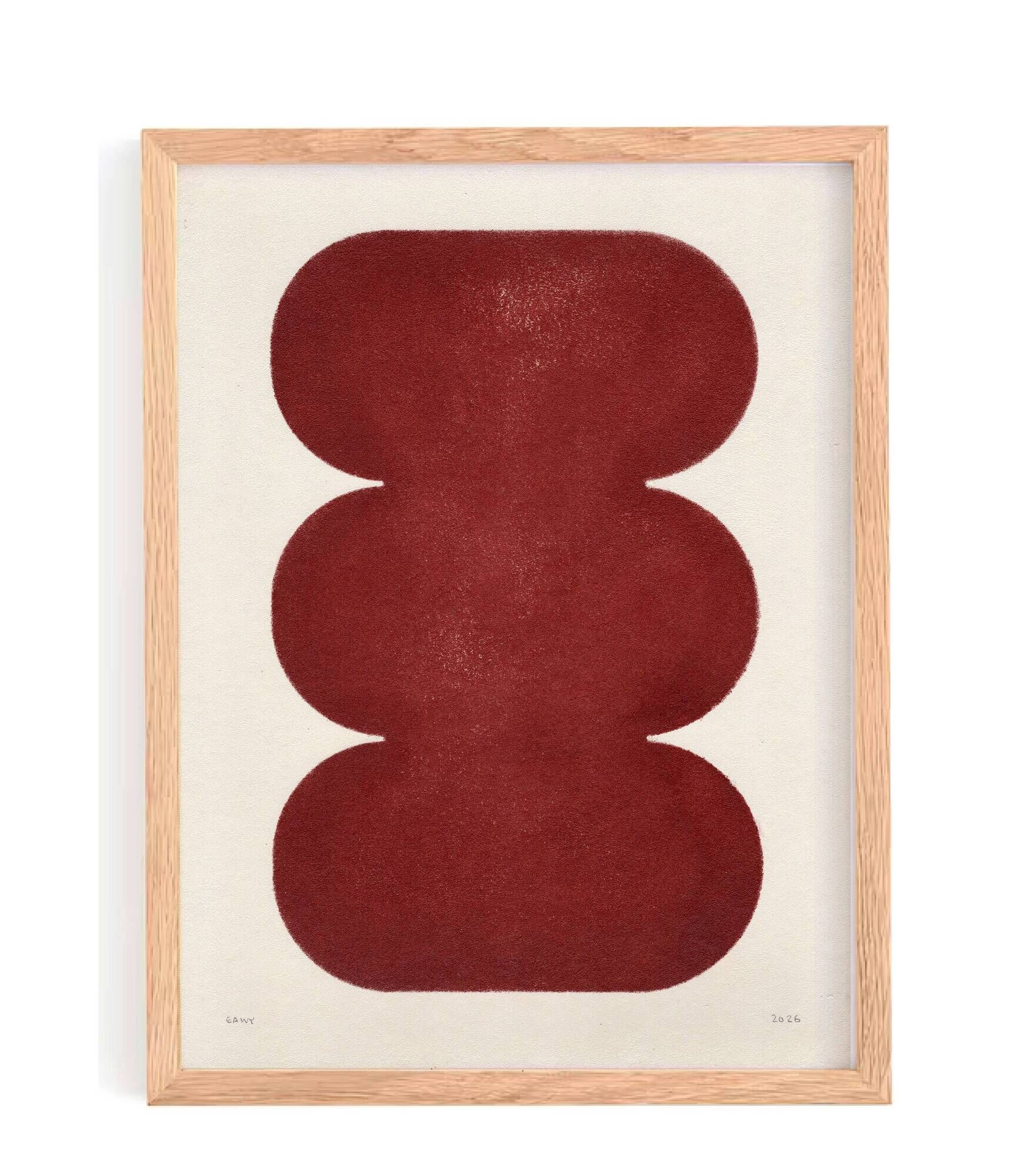 Duo of abstract paintings in burgundy on paper signed Eawy.