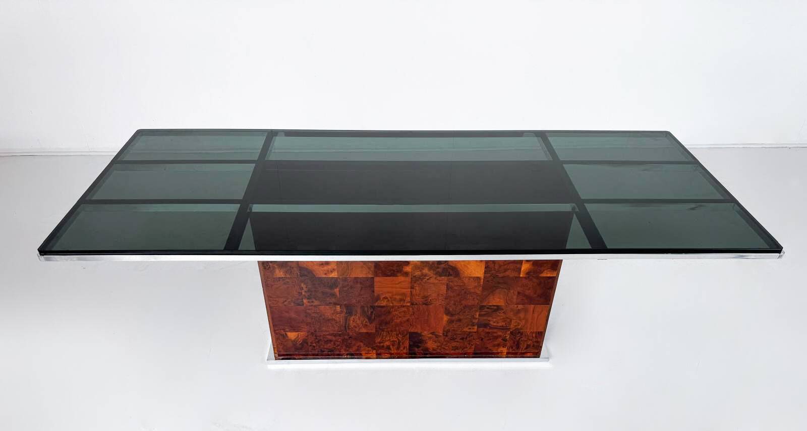 Dining Table by Romeo Rega for Mario Sabot, Burl Wood and Glass, 1970s