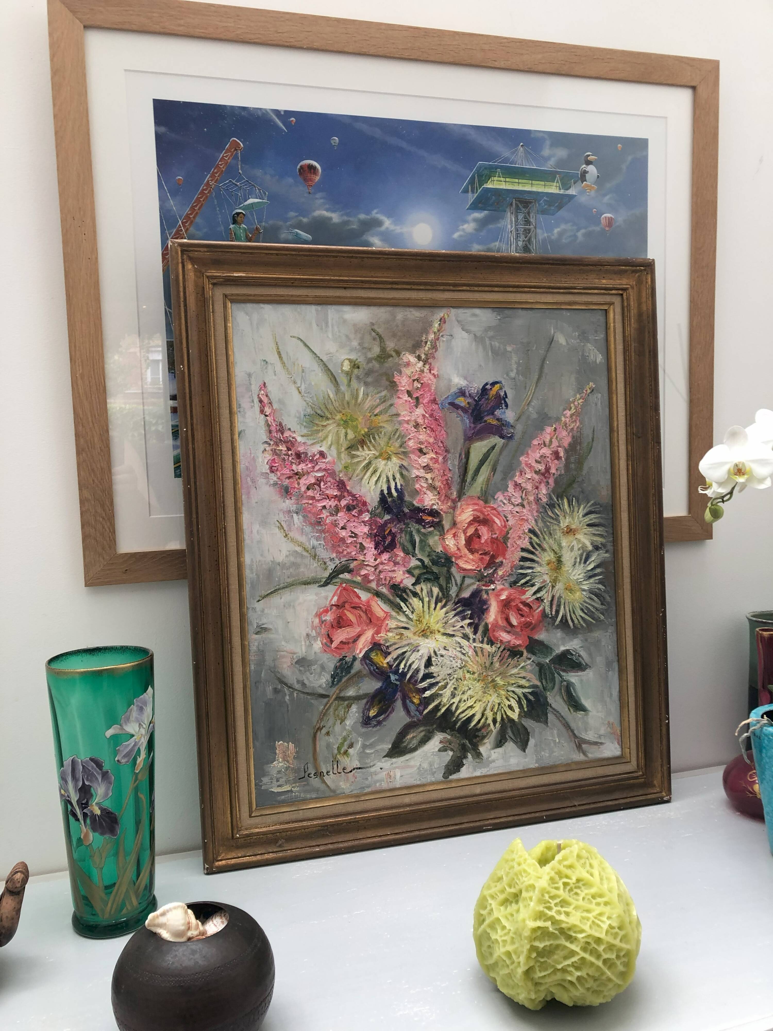 Old painting bouquet of pink flowers, iris, lupine, dahlia