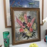 Old painting bouquet of pink flowers, iris, lupine, dahlia