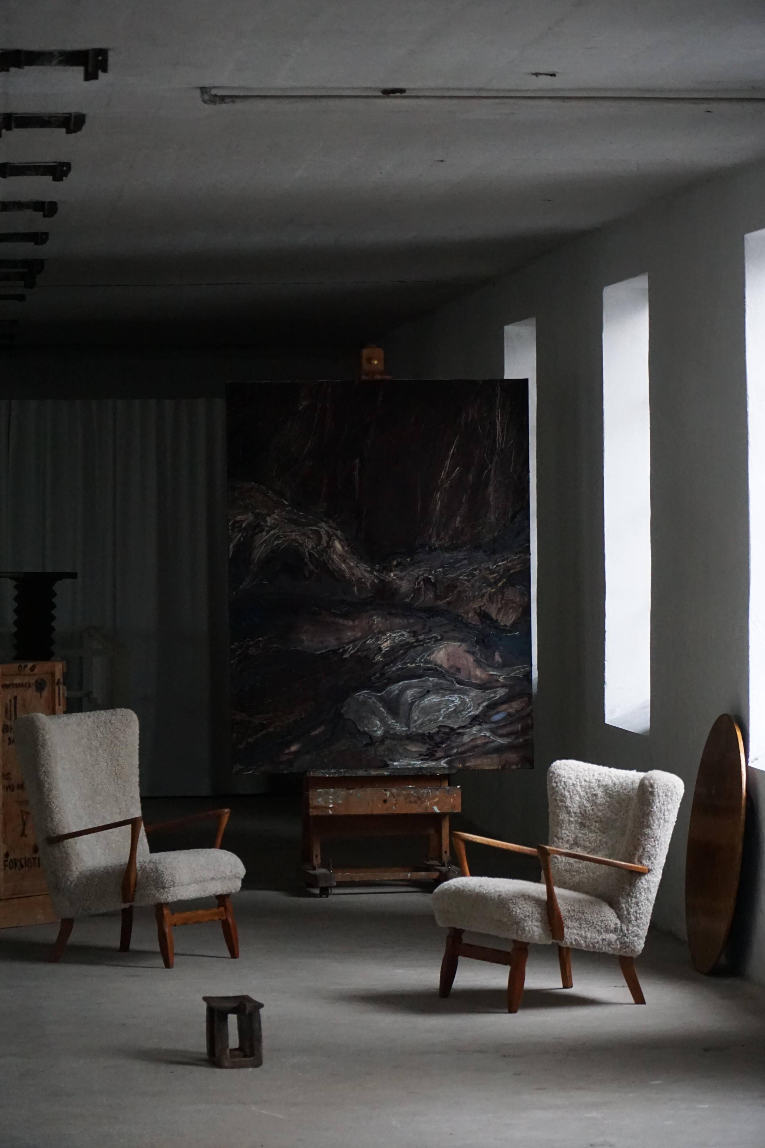 Viggo Boesen, high-back chair in oak and shearling lambskin, modern Danish design, 1950s.