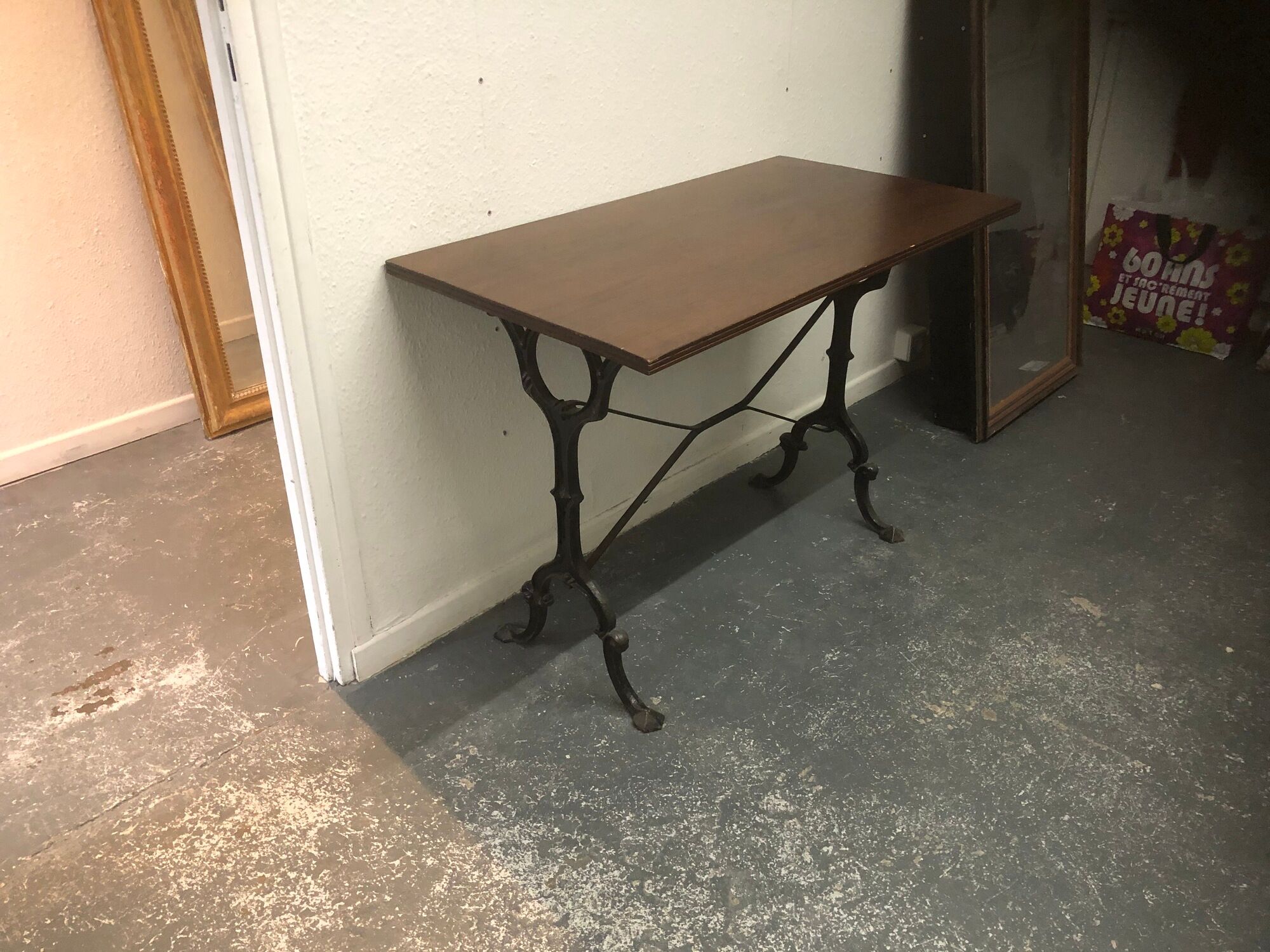 Old rectangular metal bistro table Wooden top Bar Restaurant