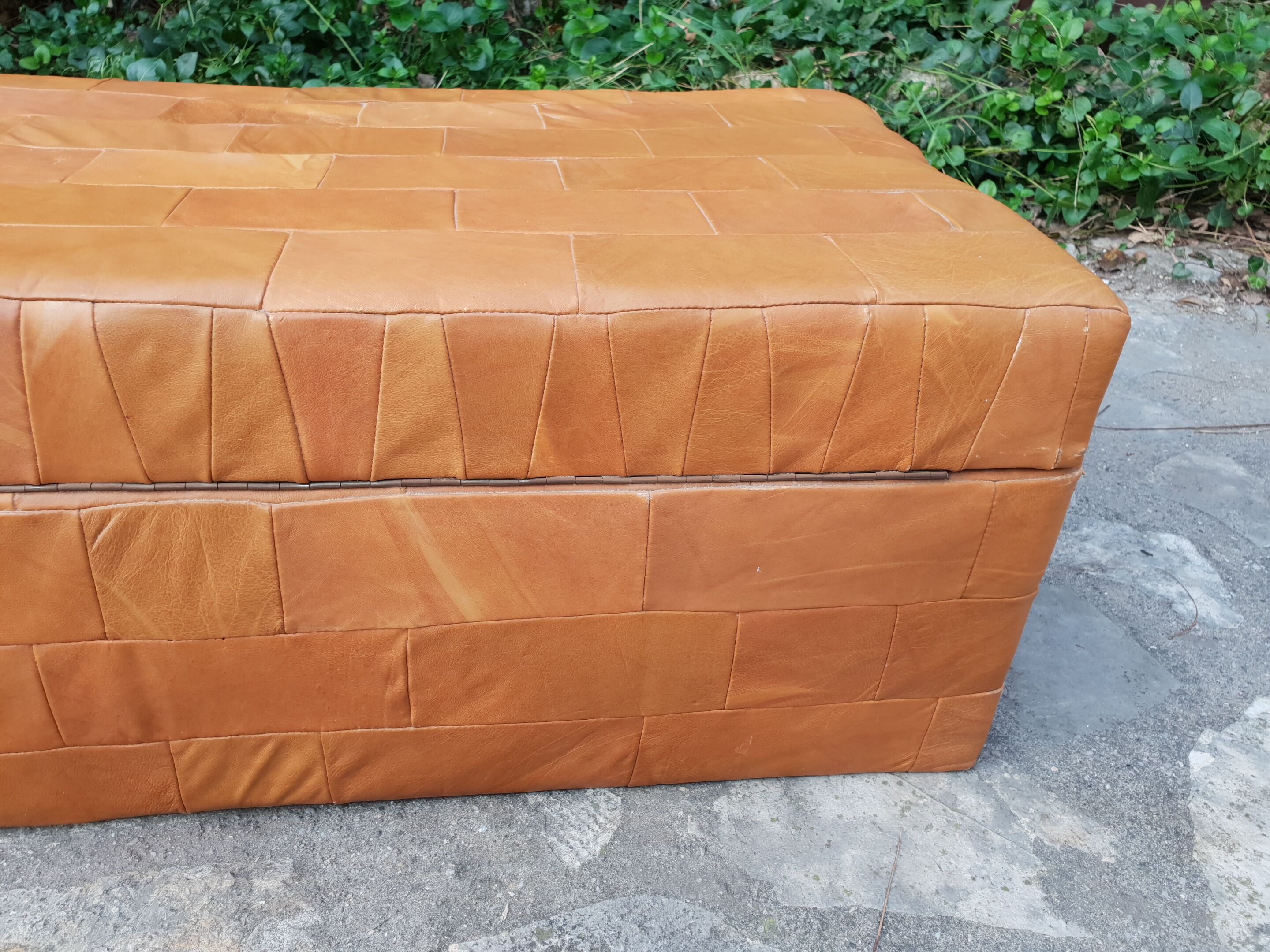 1970 leather patchwork chest bench
