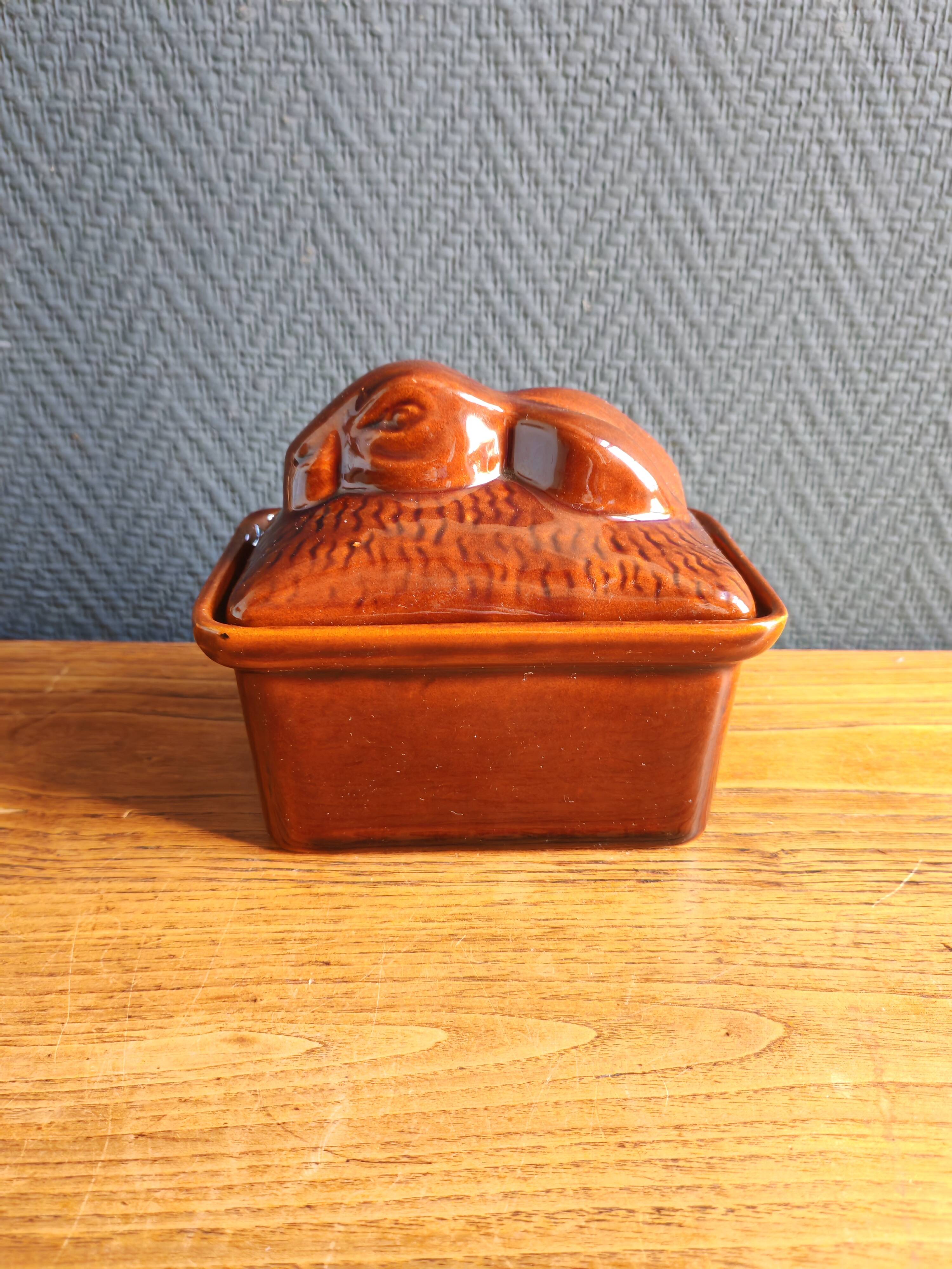 Vintage Rabbit Terrine in Glazed Ceramic - Brown Barbotine