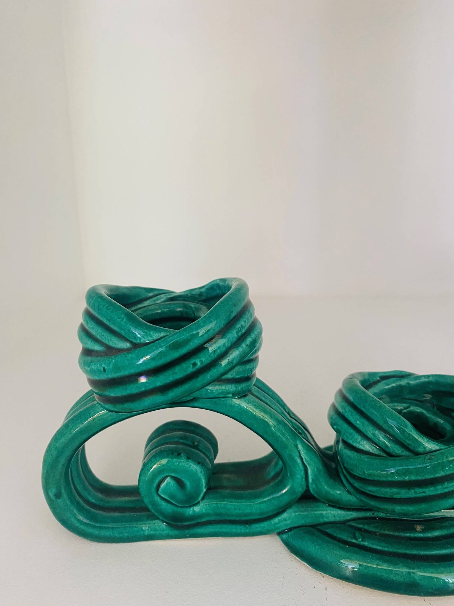 Twisted green ceramic candle holder from Vallauris 1950s