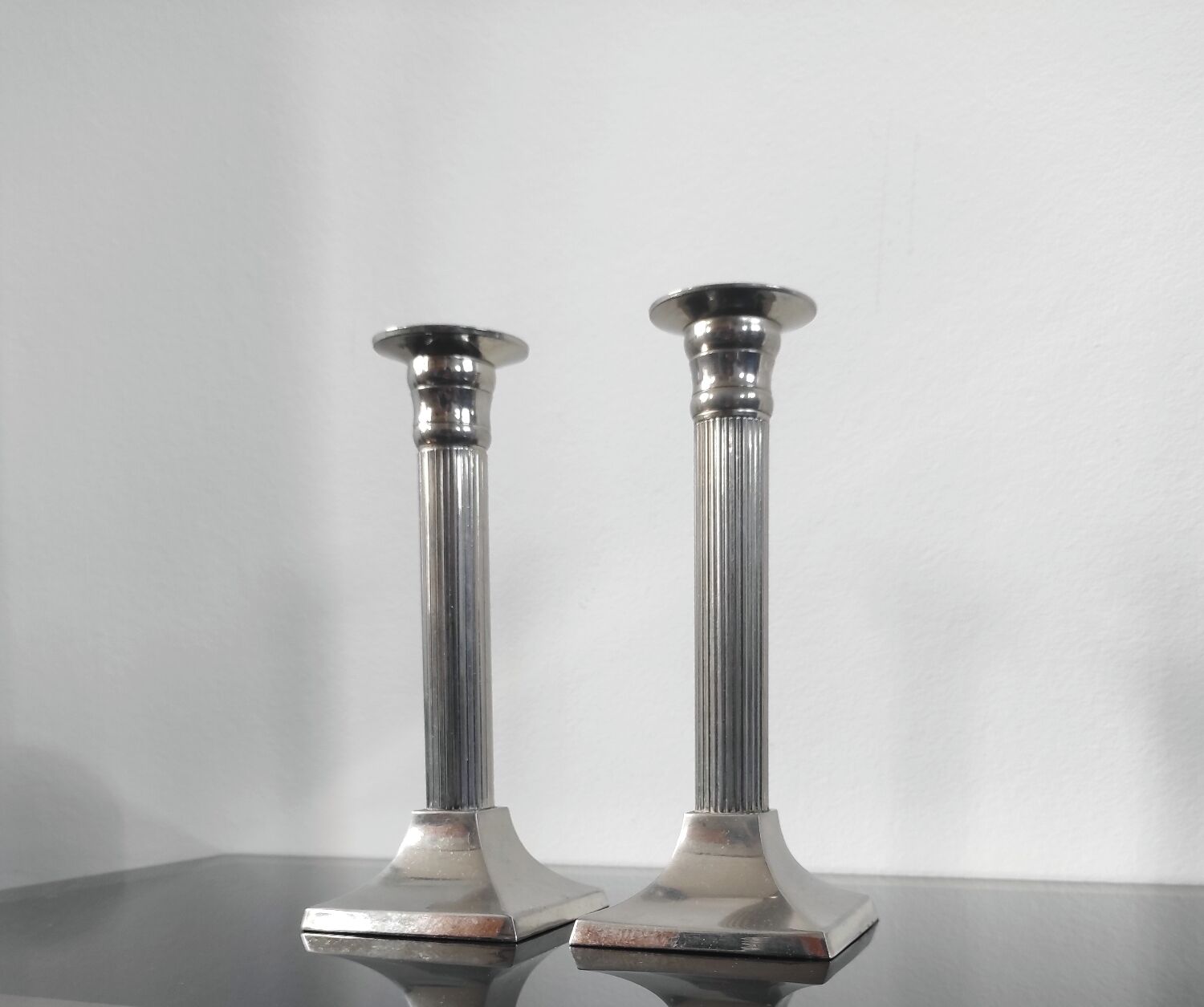 Pair of vintage silver column candlesticks