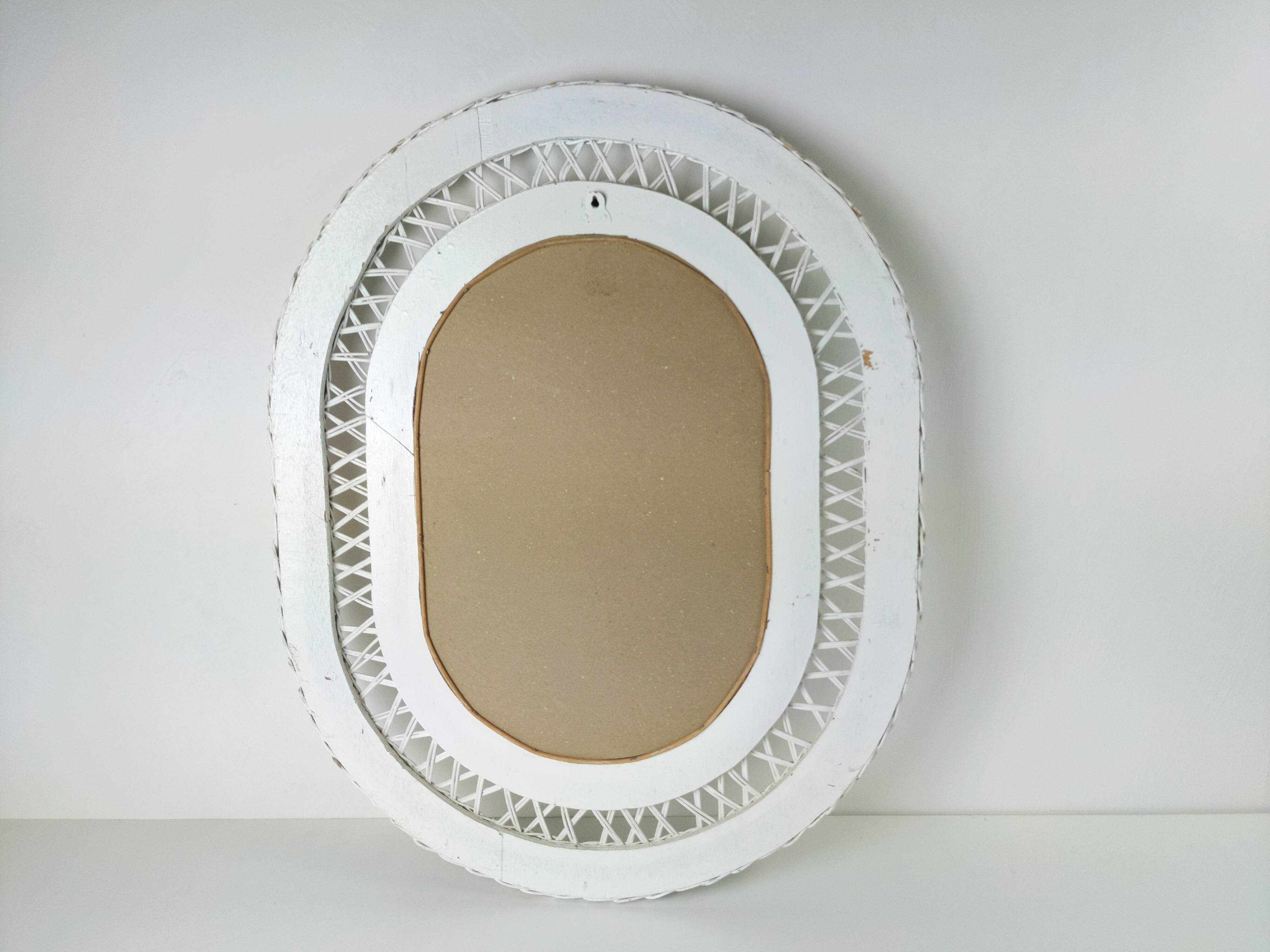 Large framed white wicker mirror 1970s  57x72cm