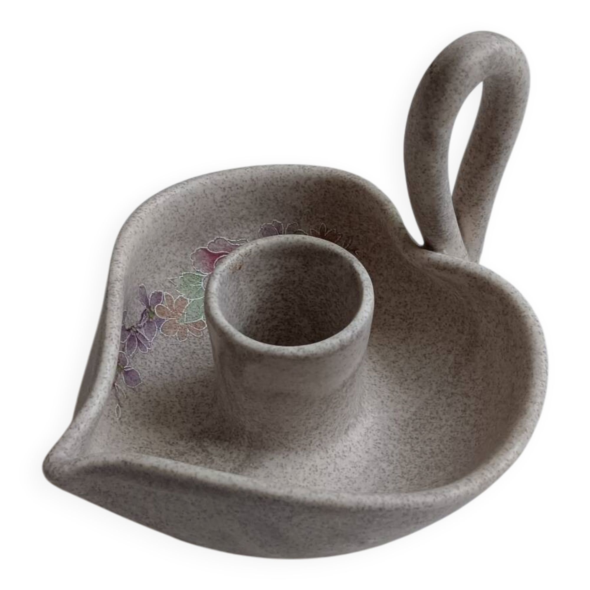 Vallauris grey candle holder with pink flowers, signed.