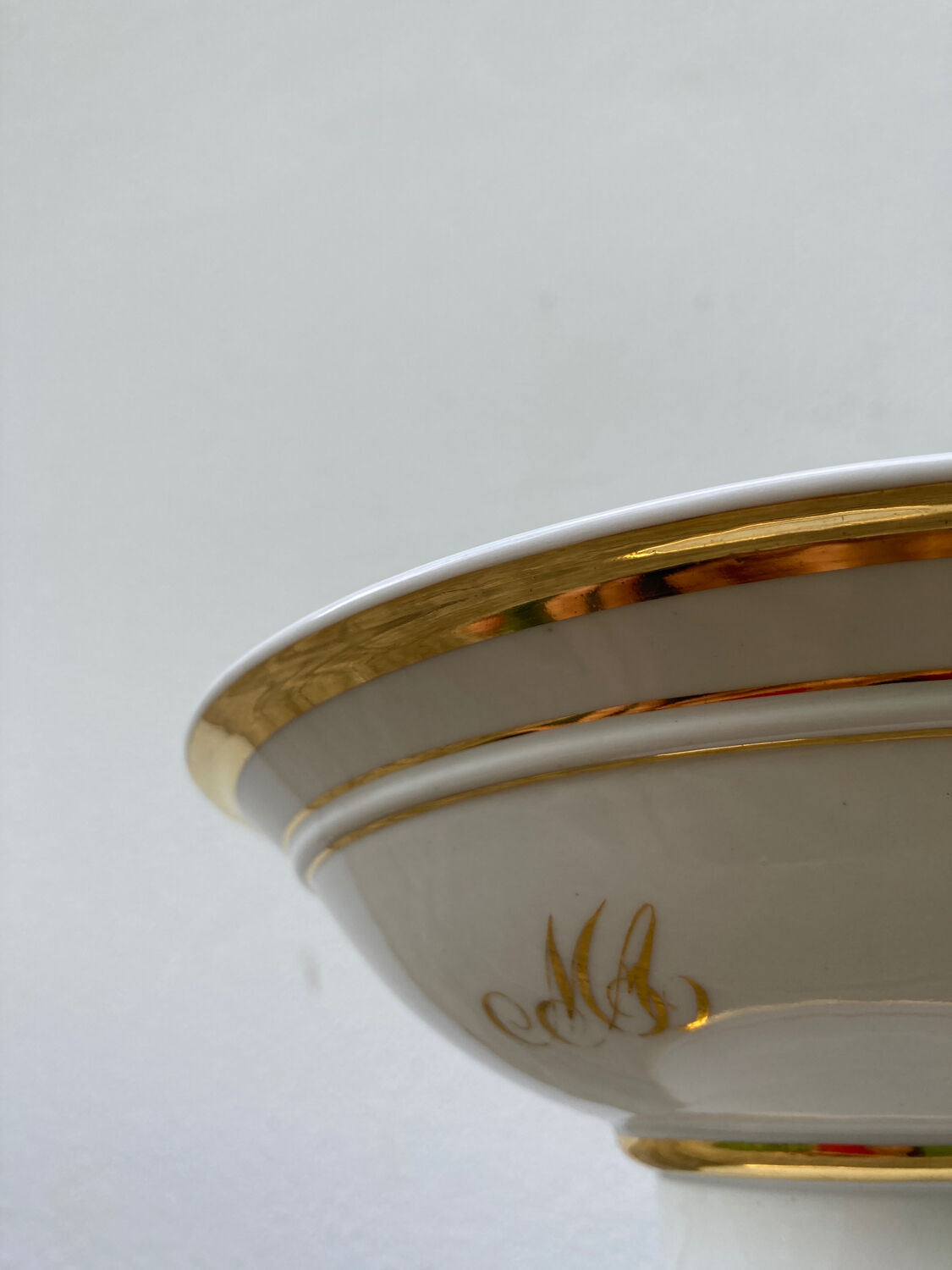 Antique monogrammed white and gilded porcelain compotier