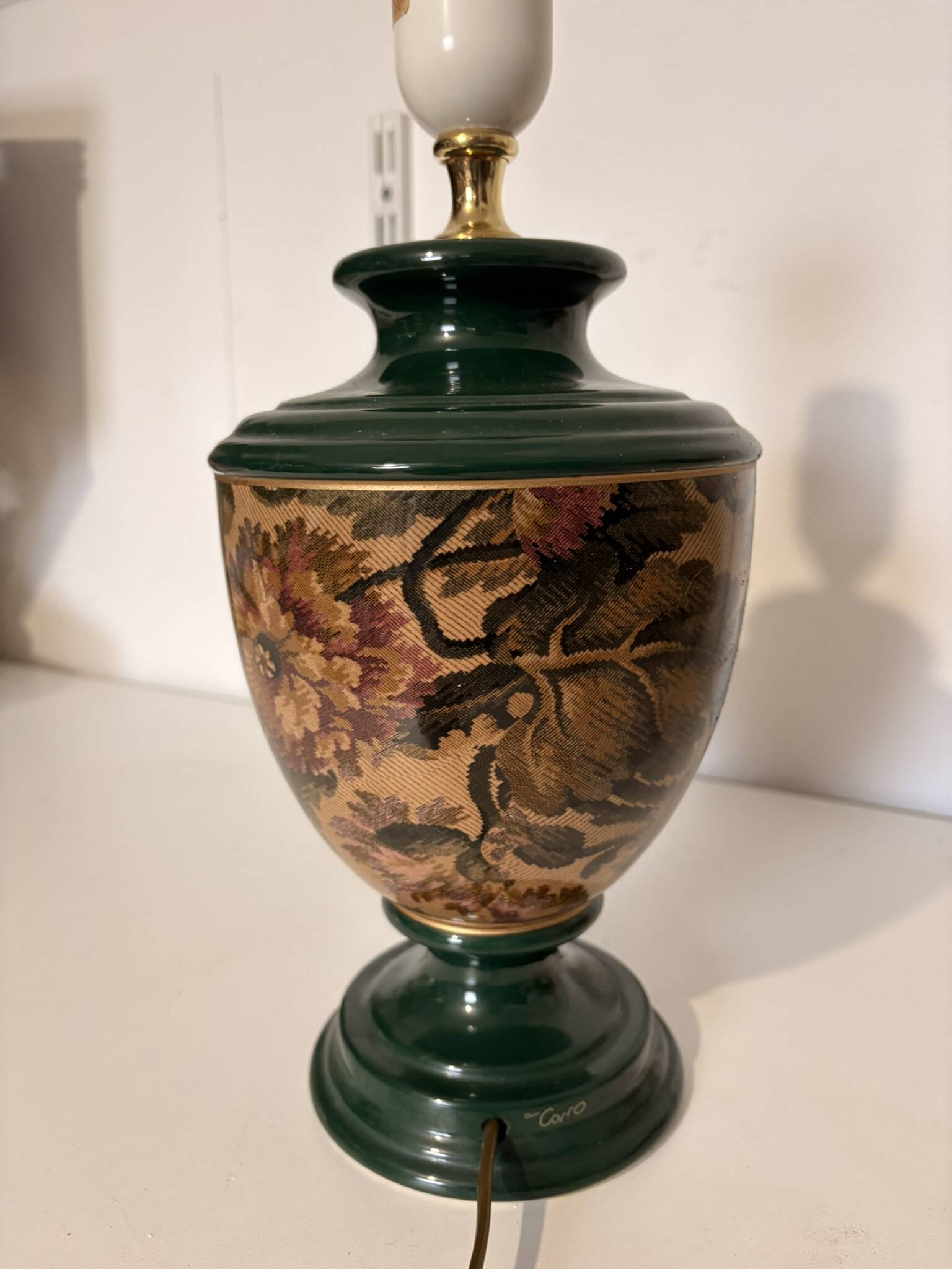 Old Ceramic Lamp Base Green Floral Decor Signed Olivier Corro