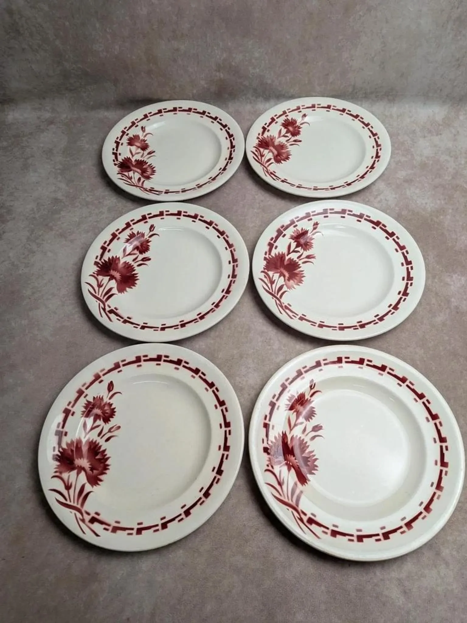 Set of 6 flat plates in ironstone Longwy – Viennese model – Red flowers
