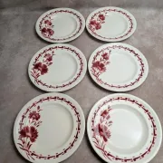 Set of 6 flat plates in ironstone Longwy – Viennese model – Red flowers