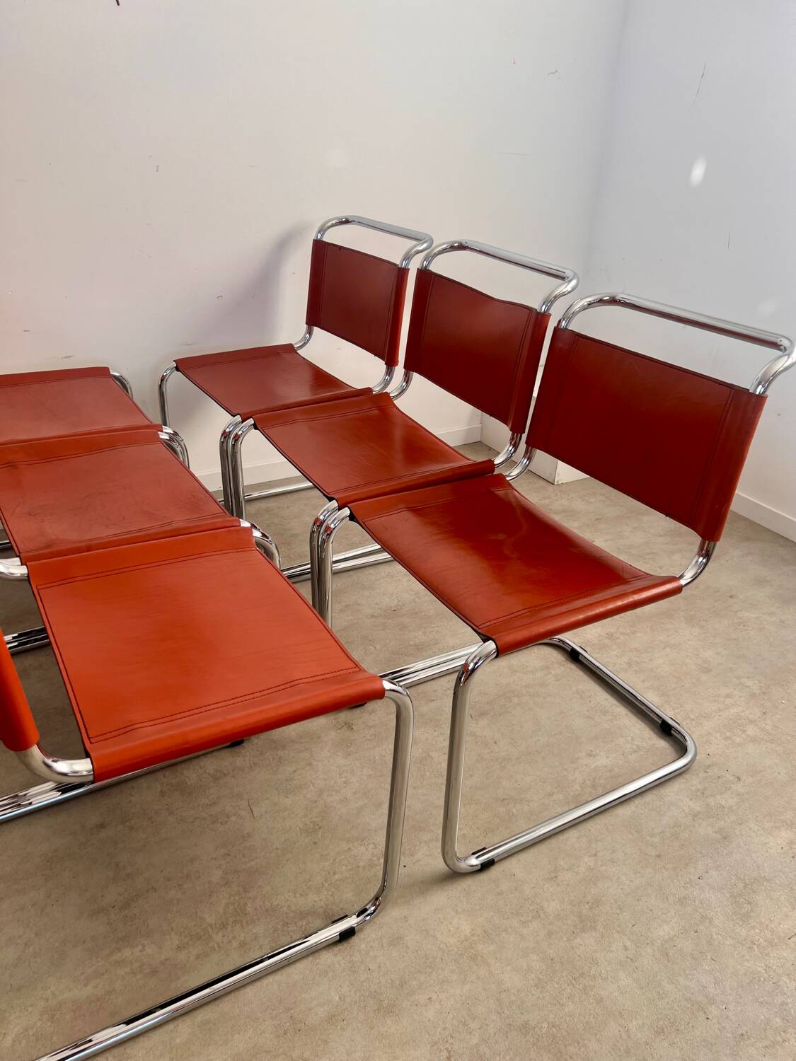Lot 6 tubular chairs S33 design Mart Stam vintage cognac leather from the 70s