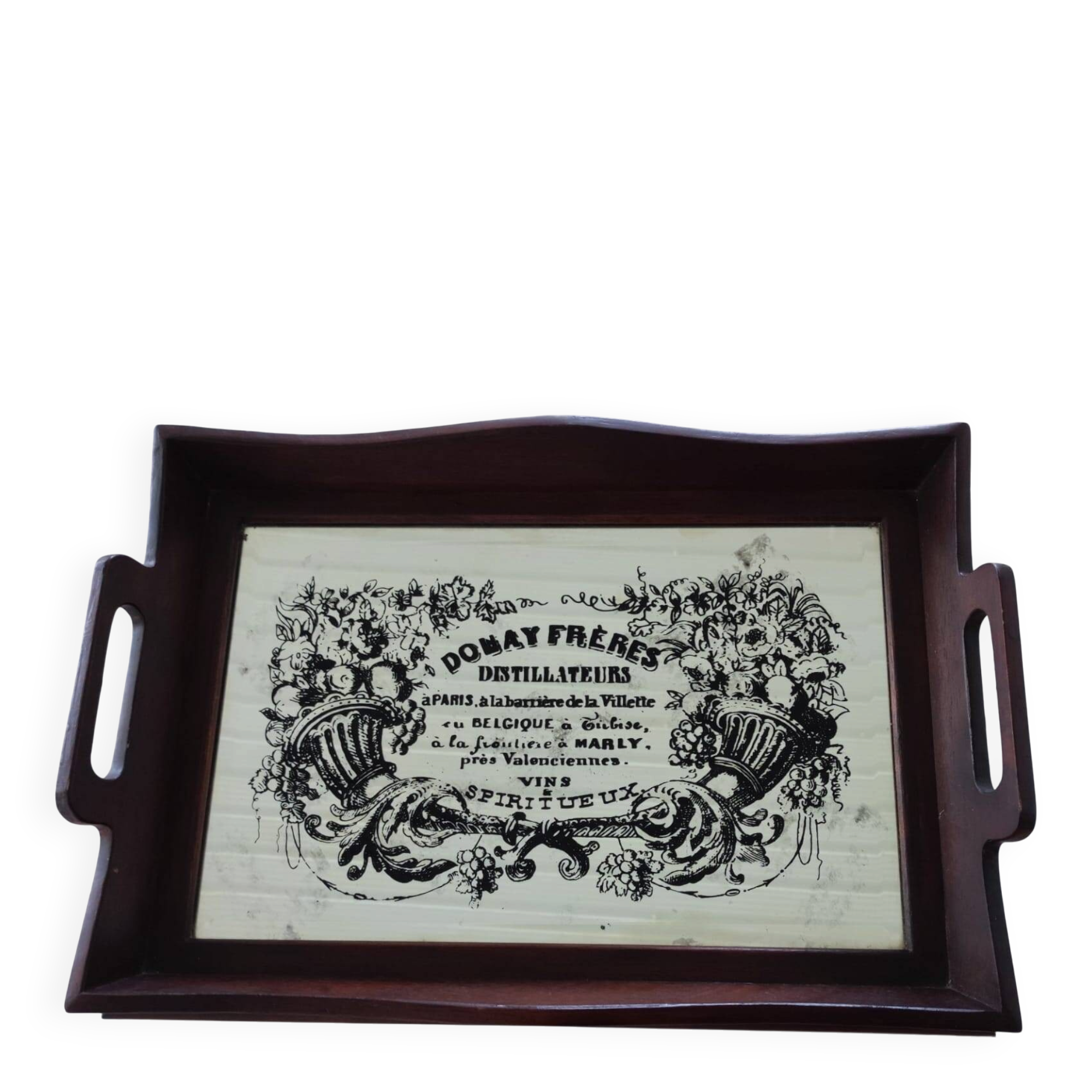 Ancien plateau de bar en bois et miroir sérigraphié "Doubay Frères"
