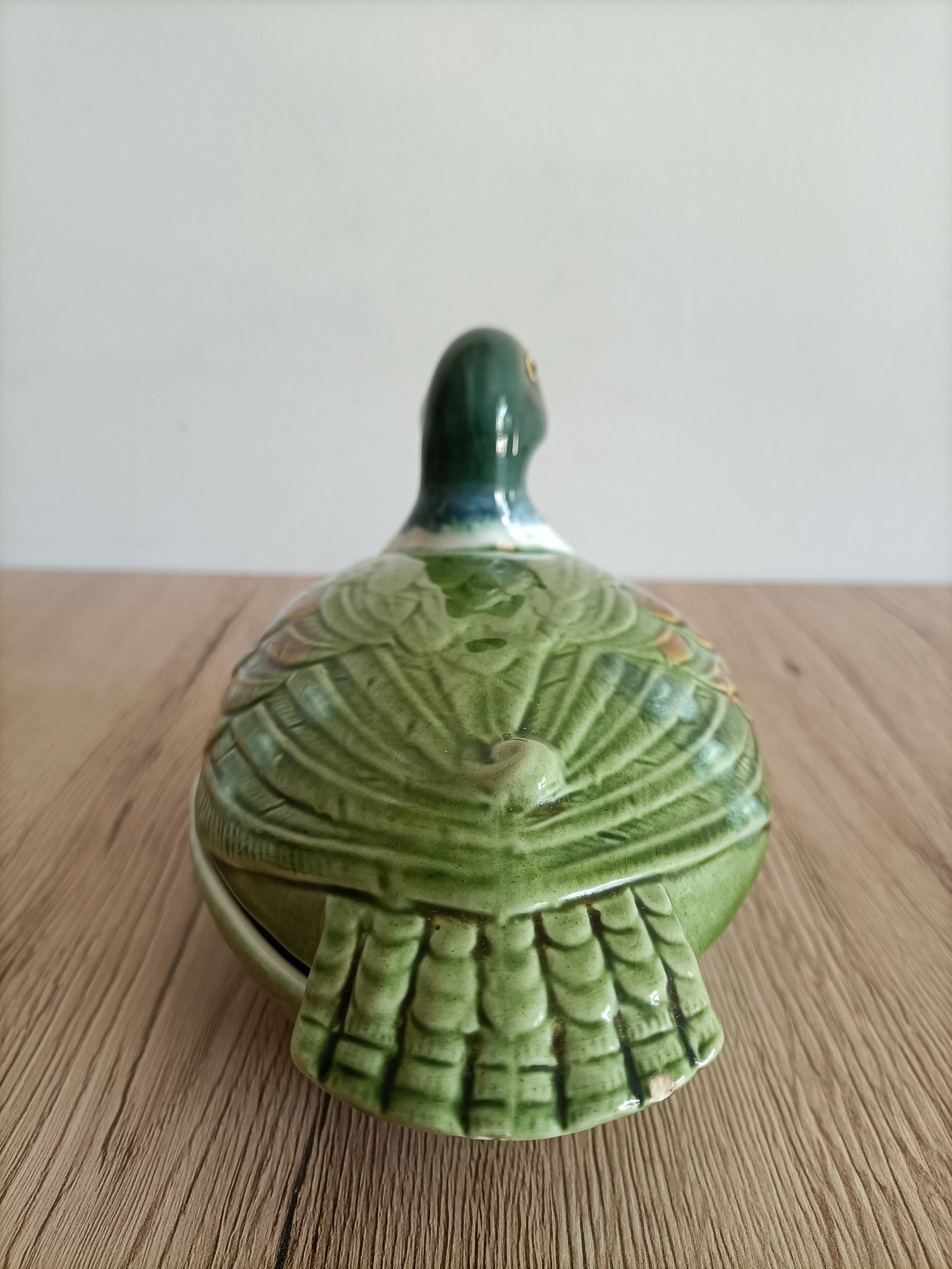 Old terrine duck Michel Caugant green ceramic