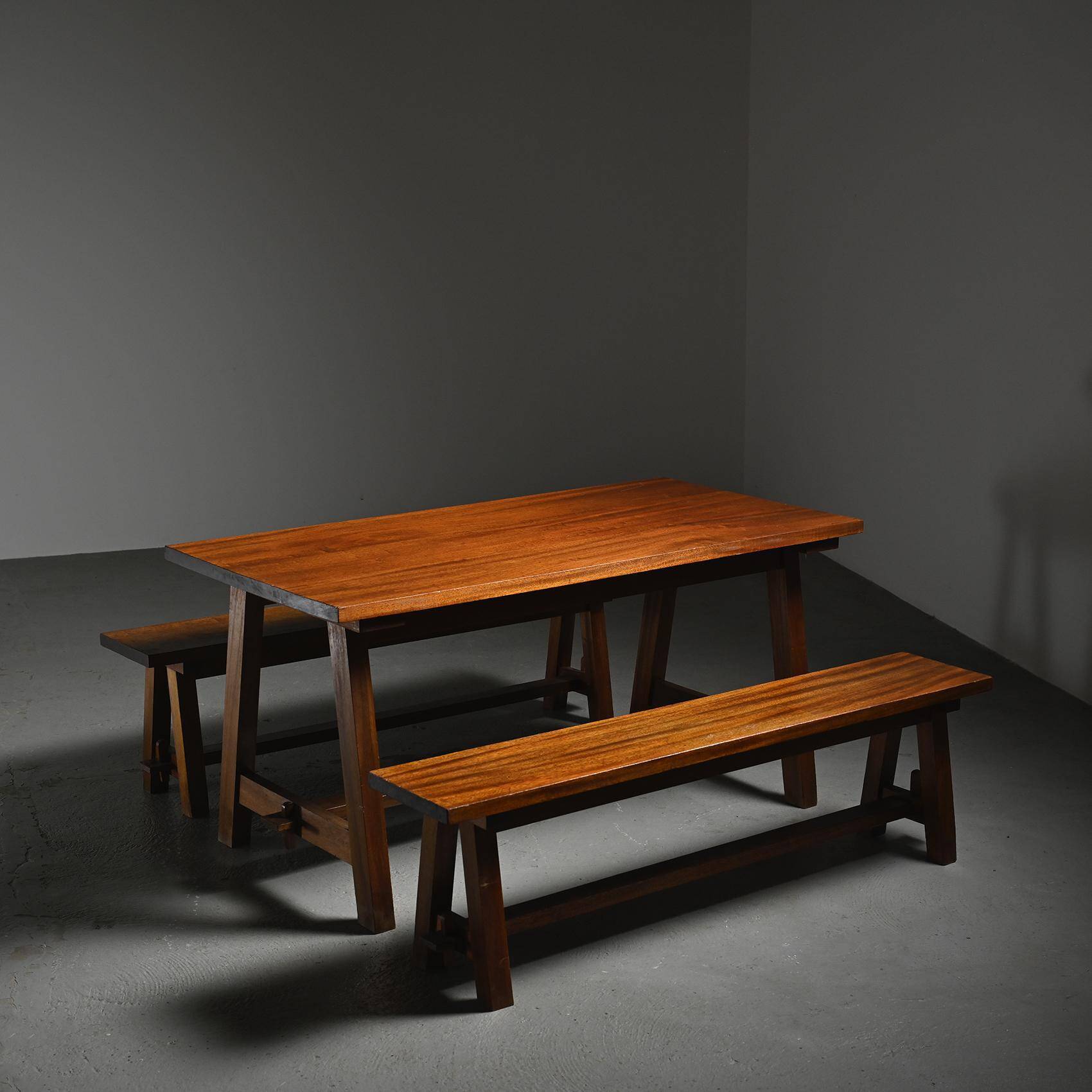 Mahogany dining table and benches, mountain work, France circa 1960