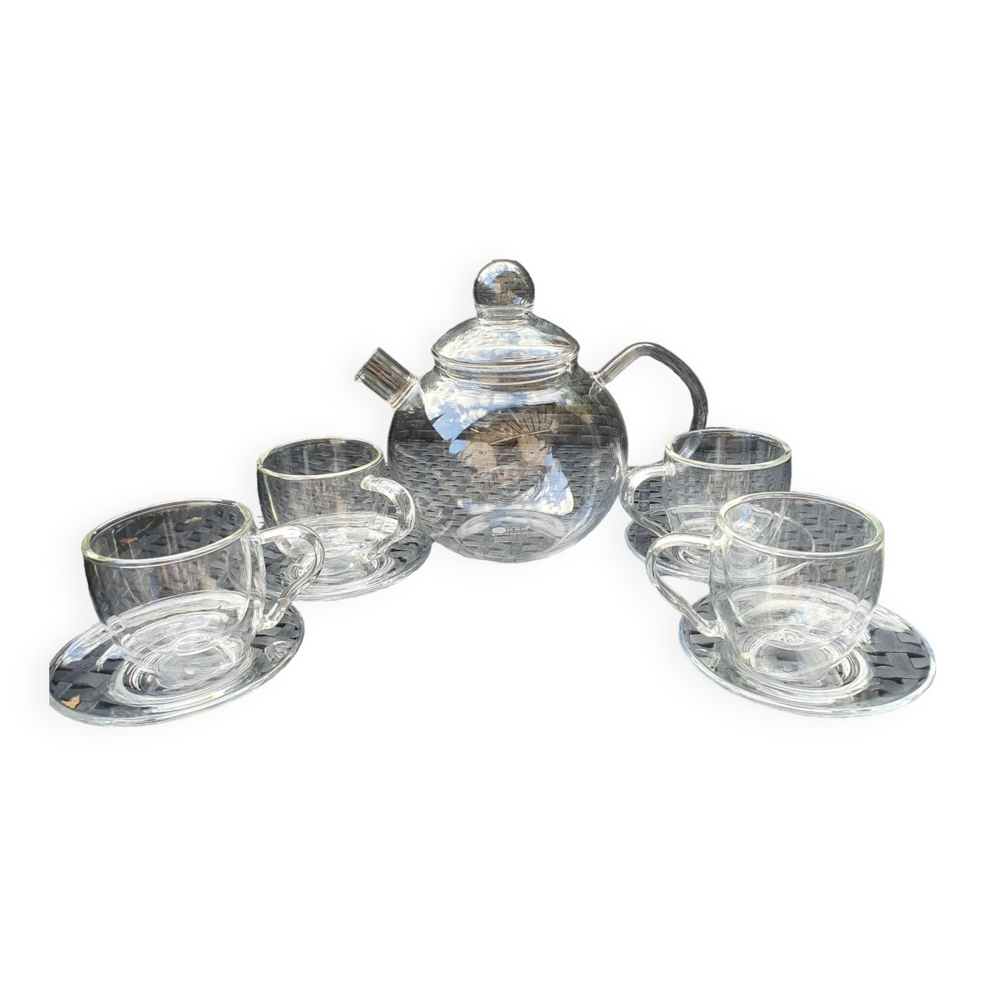 tea set: glass teapot + 4 cups + 4 saucers jeaner glas vintage