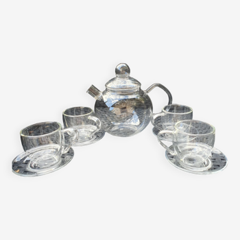 tea set: glass teapot + 4 cups + 4 saucers jeaner glas vintage