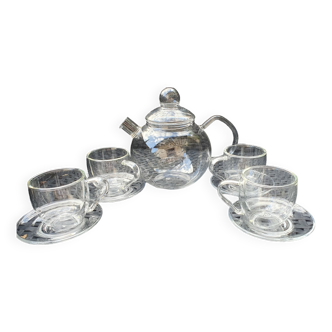 tea set: glass teapot + 4 cups + 4 saucers jeaner glas vintage