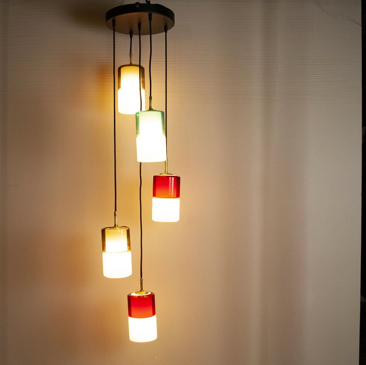 Hanging lamp with five elements in white opaline glass and coloured Murano glass by Putzler Pelill Production, 1960s.