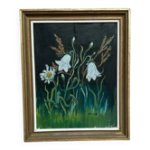 Huile su panneau suédoise « Lys blancs et fleurs » par EK, vintage et encadrée 28×35cm