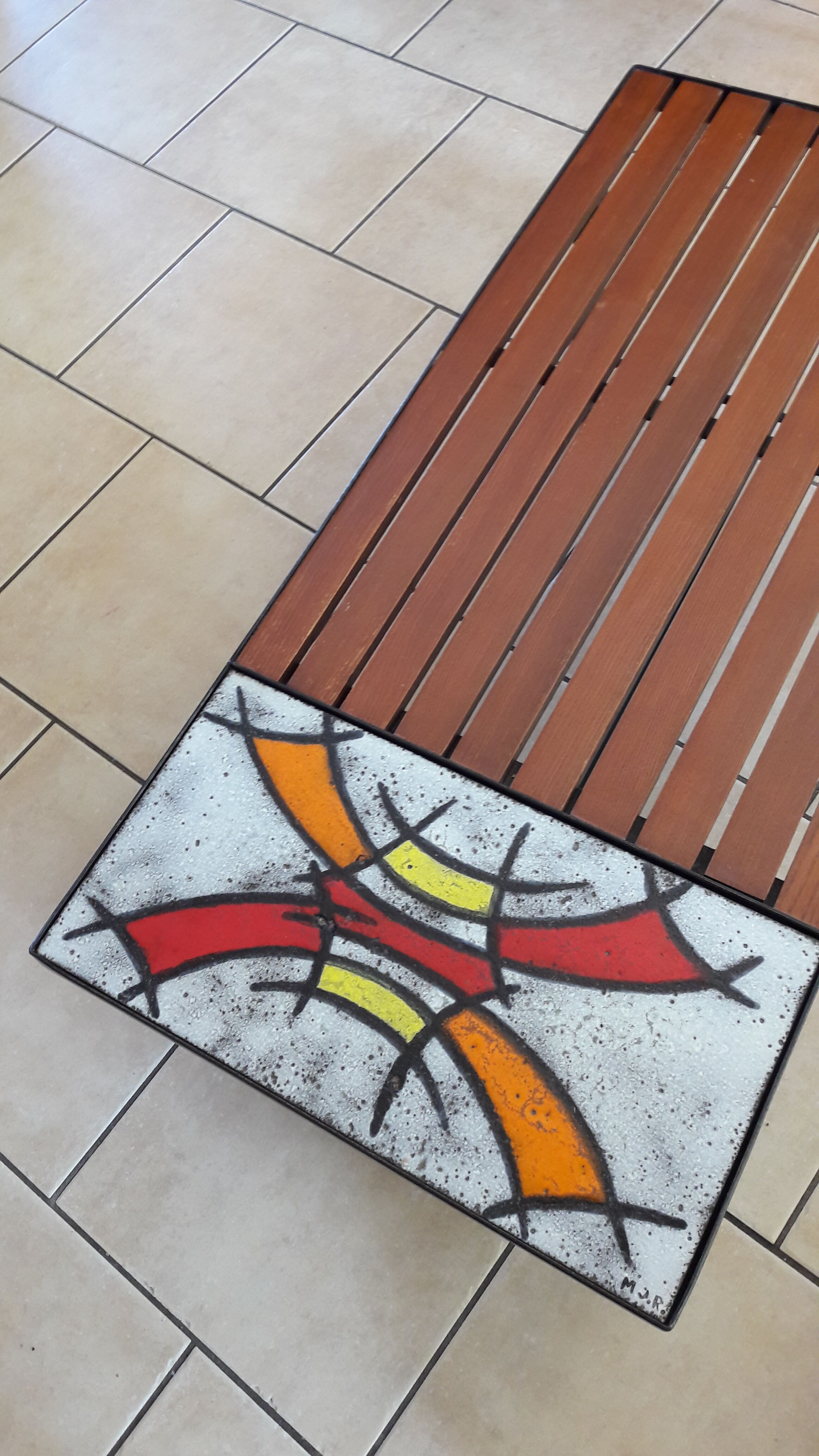 Coffee table tray teak ceramic signed MJR 60s