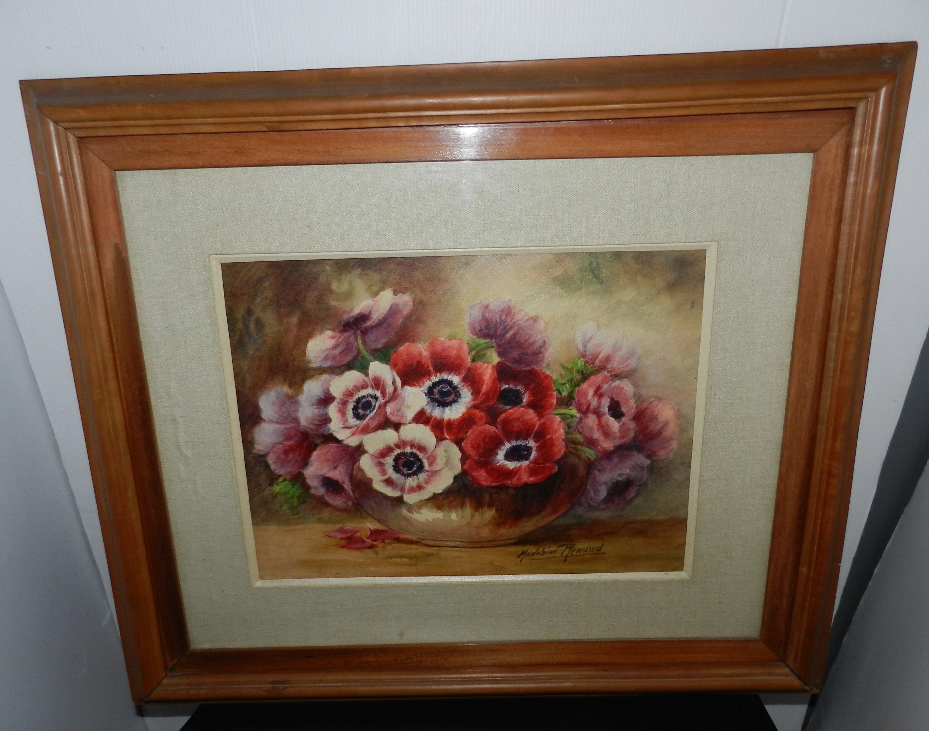 Watercolor painting framed under glass signed Madeleine Renaud
