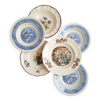 Assiettes creuses bleu beige vintage