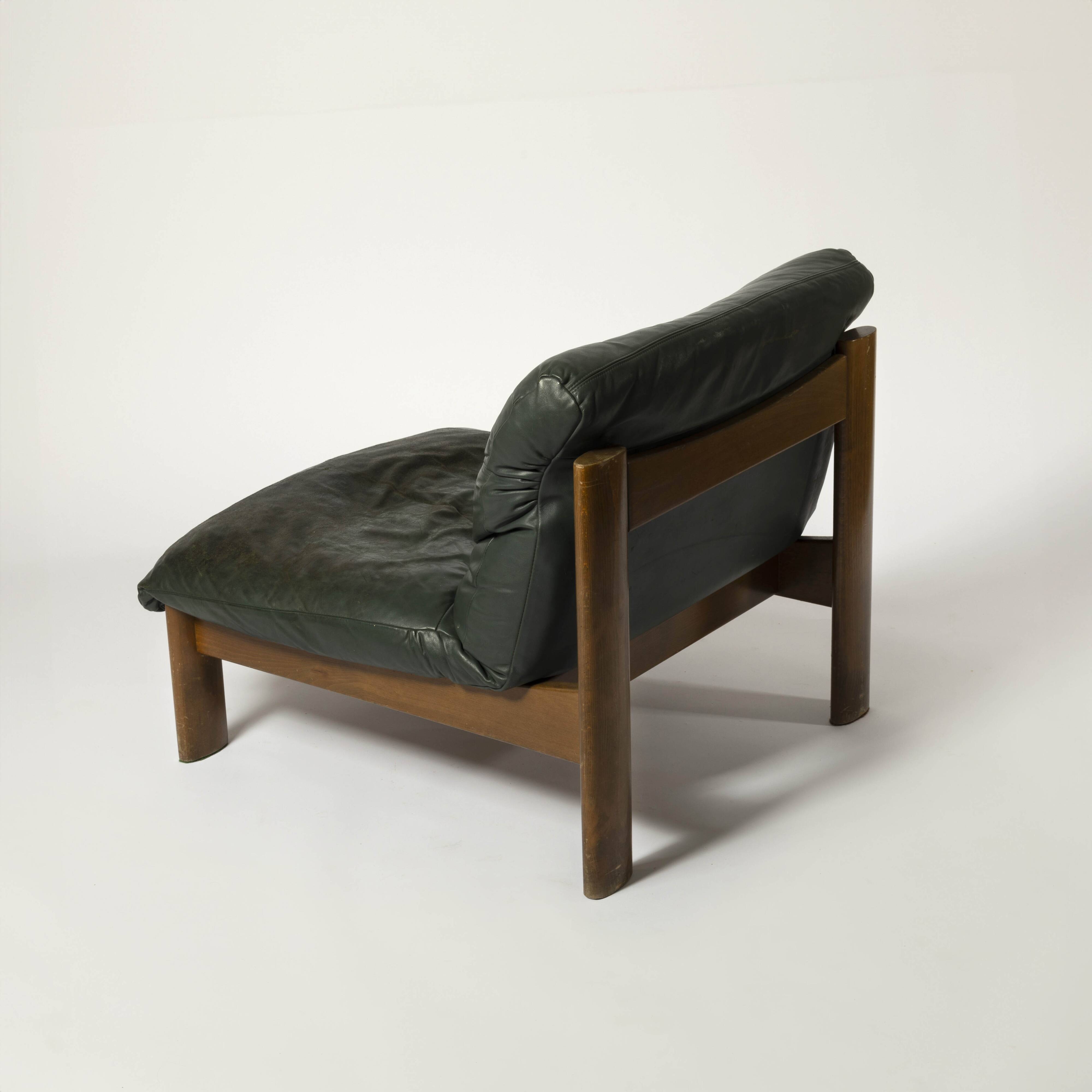 Sling chair in wood and green leather, germany, 1970s