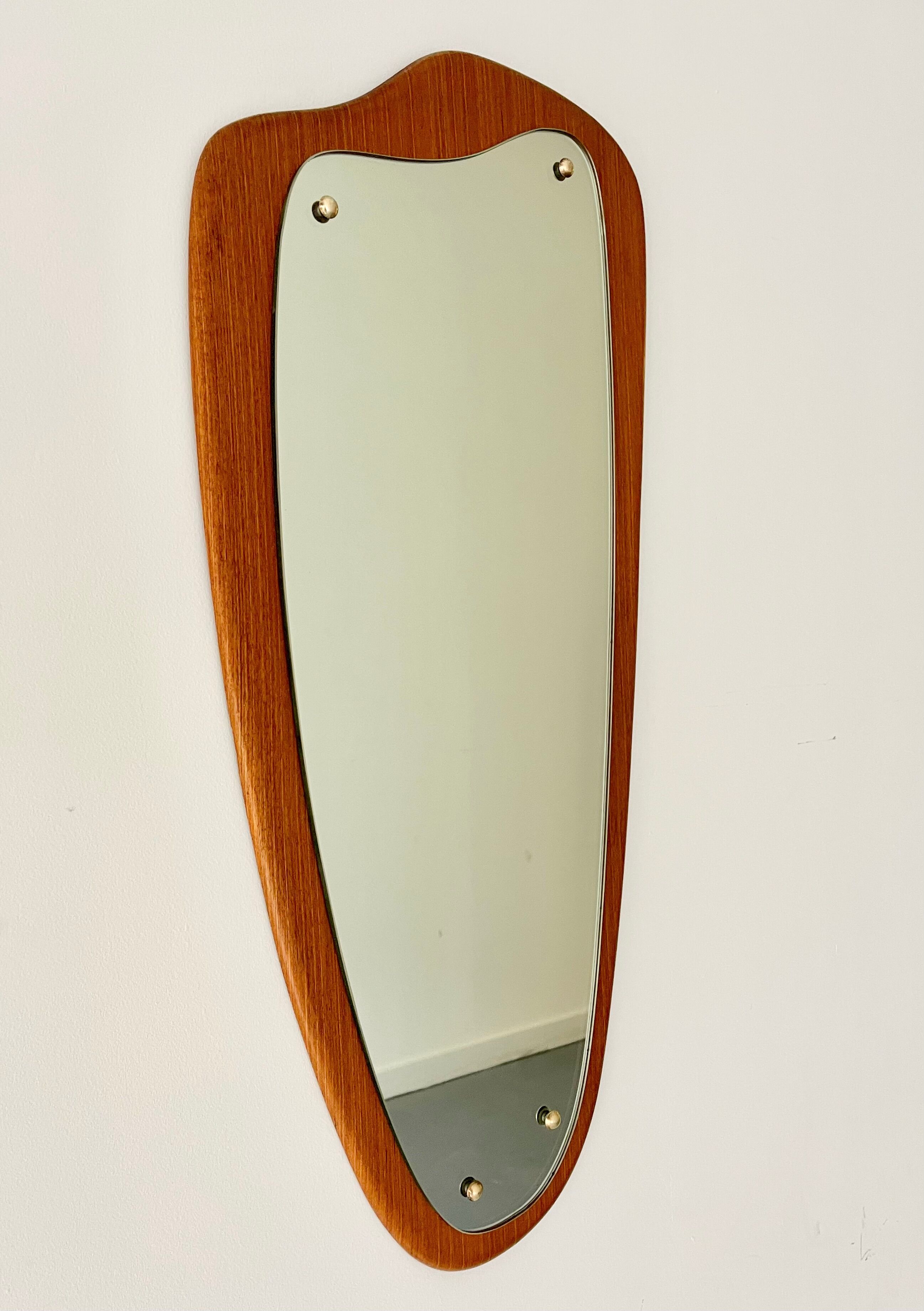 Vintage triangular wall mirror teak frame