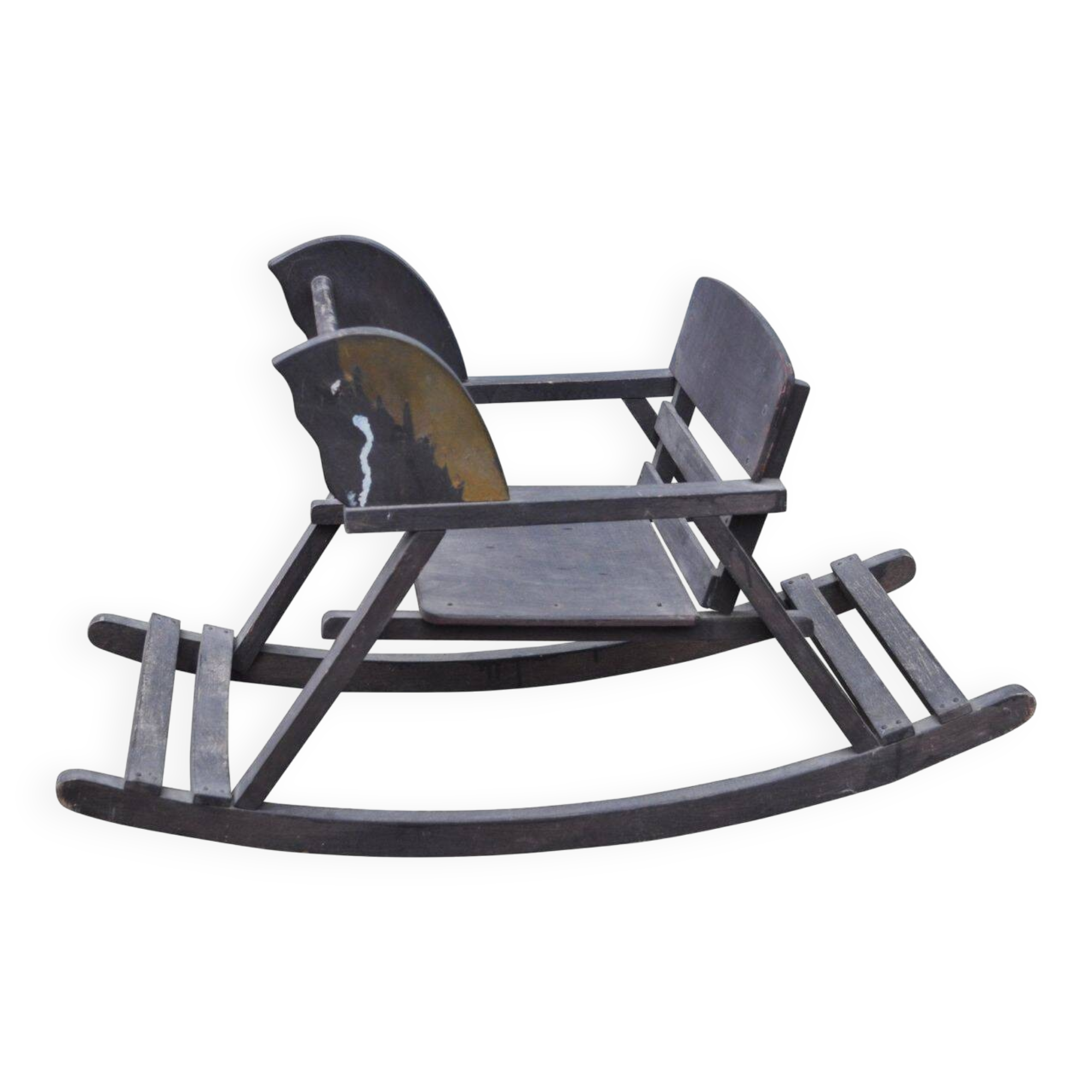 Vintage wooden rocking horse in painted brown — 1950s, Czech Republic