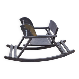 Vintage wooden rocking horse in painted brown — 1950s, Czech Republic