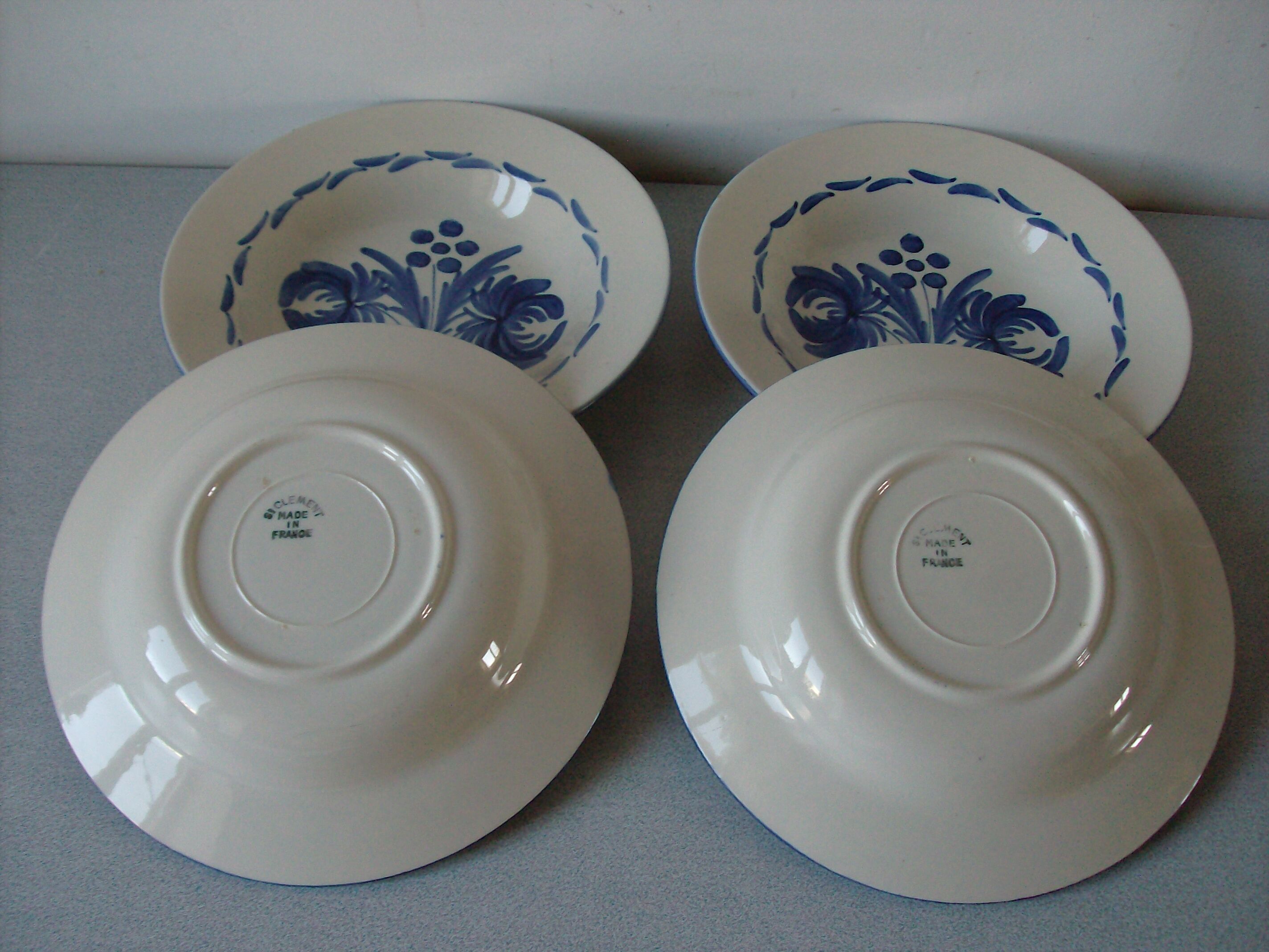 Set of 4 old hollow ceramic plates Saint Clement large blue flower