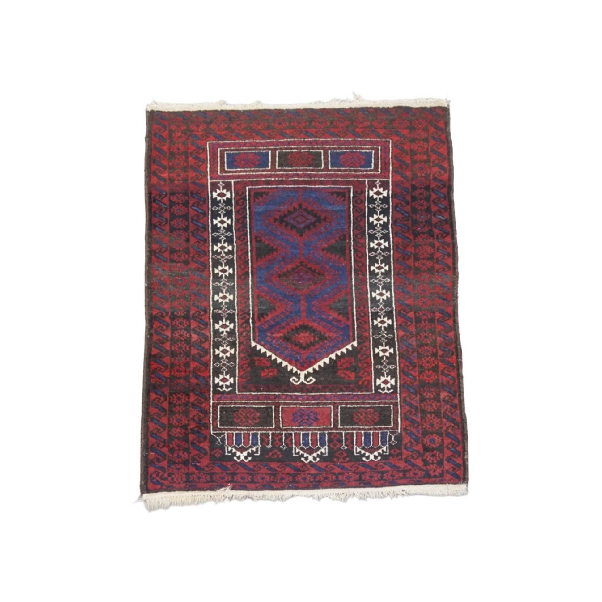 Hand-Knotted Rug with Burgundy Red, Dark Blue, and Beige Tones 143x88 cm