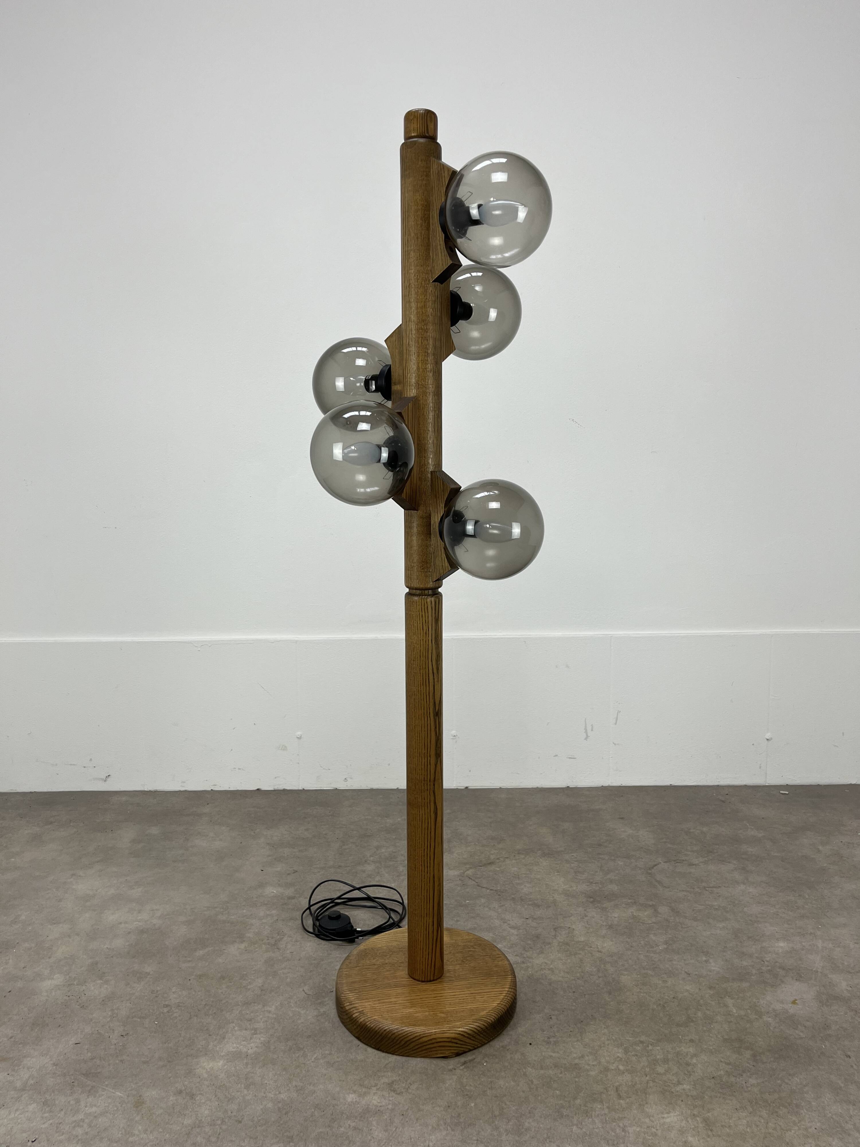 Temde Leuchten brutalist floor lamp, wood, 1970s