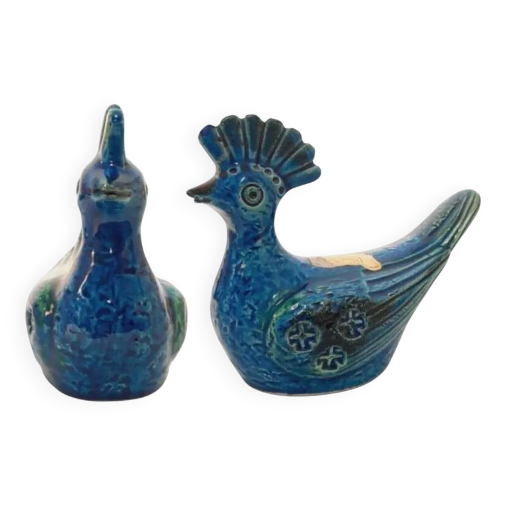 Pair of vintage peacock statues, Aldo Londi for Bitossi, Rimini blu series.