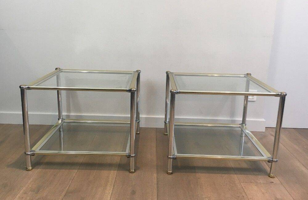 Pair of chrome, gold and silver side tables