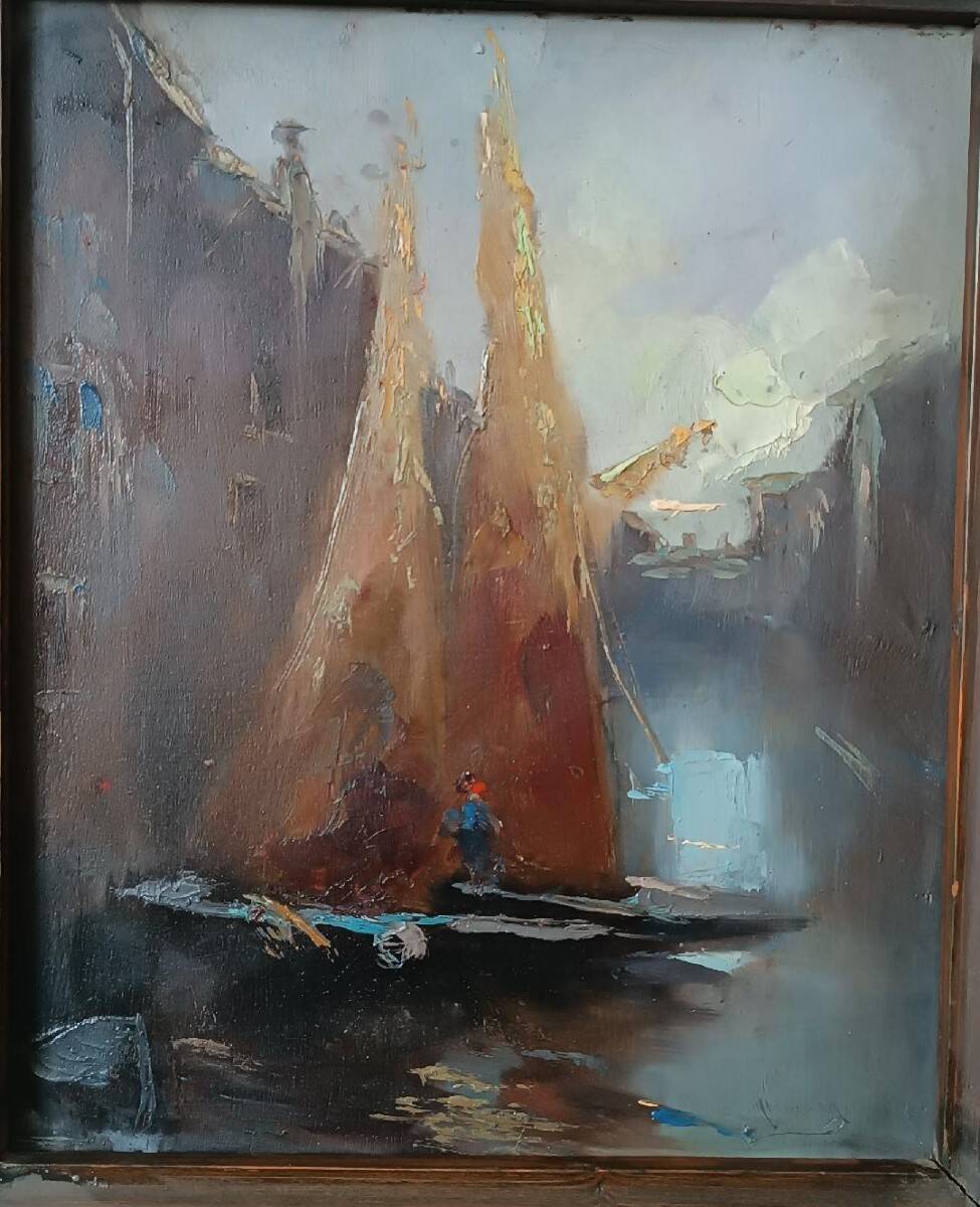 Old oil painting on panel, late 19th century - Boats - signed - Antique frame