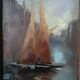 Old oil painting on panel, late 19th century - Boats - signed - Antique frame