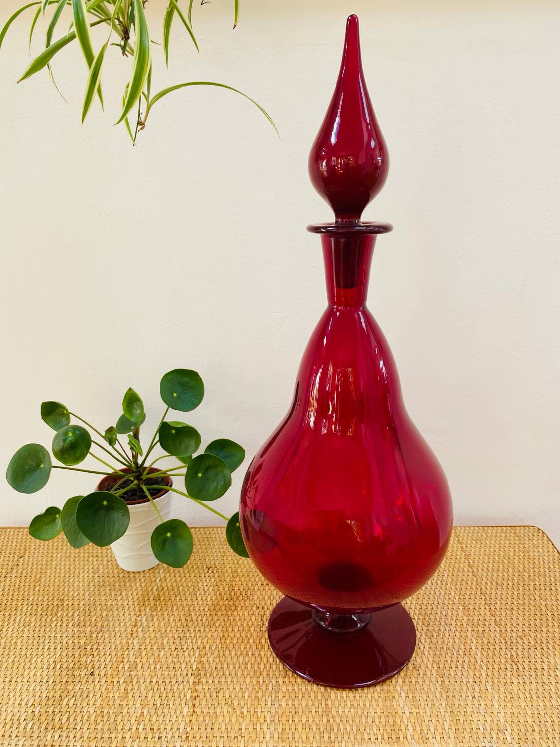 Large blown glass red carafe Blenko / Genie Bottle from the 1960s.
