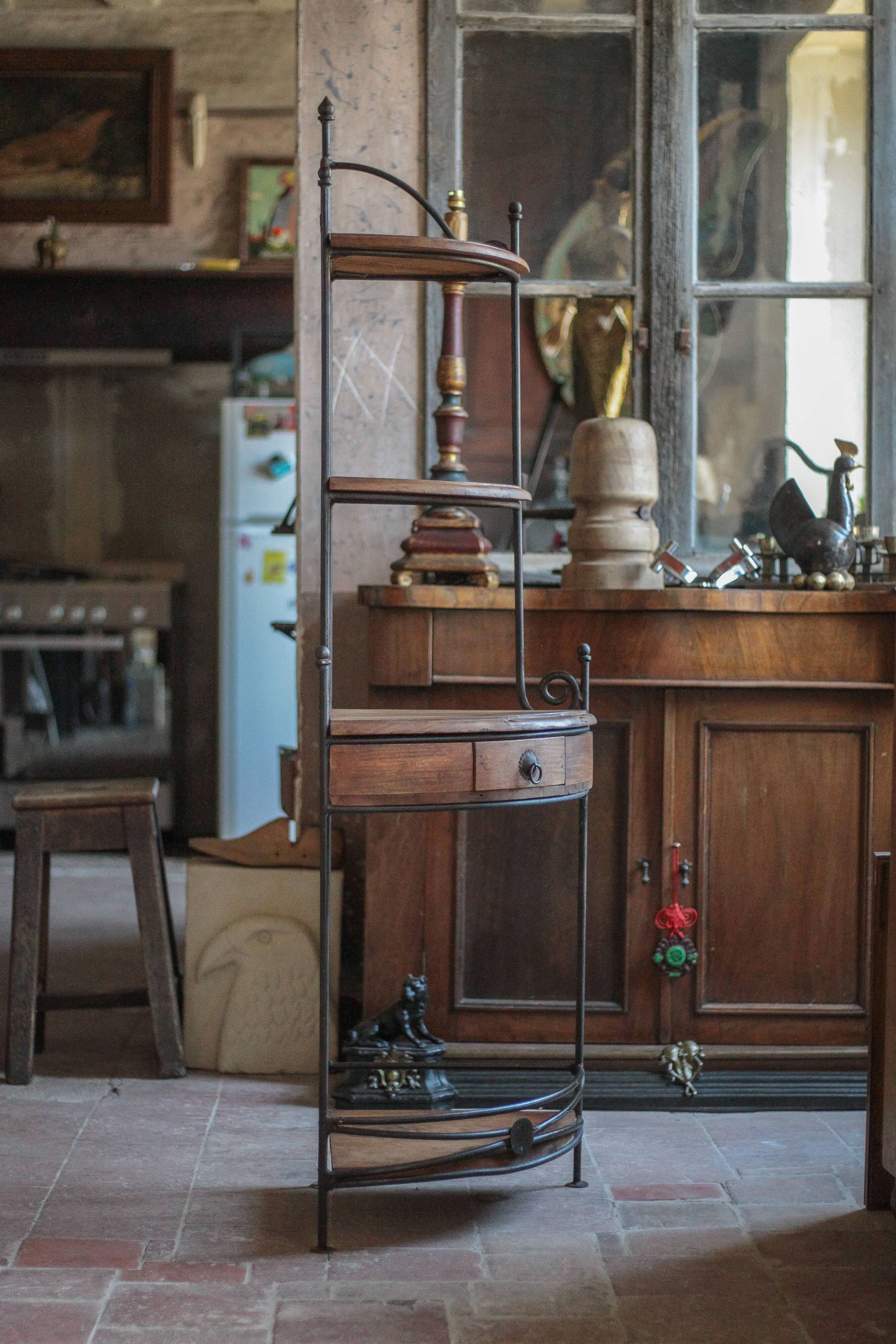 Wrought iron and wood corner unit, vintage corner furniture, corner shelf.