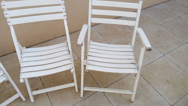 2 chaises et 2 fauteuils de salon jardin bois vintage dejou