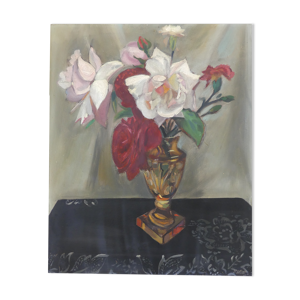 Tableau ancien huile bouquet fleurs