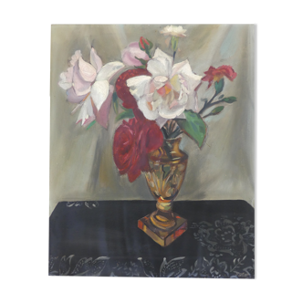 Painting old oil bouquet pink flowers signed