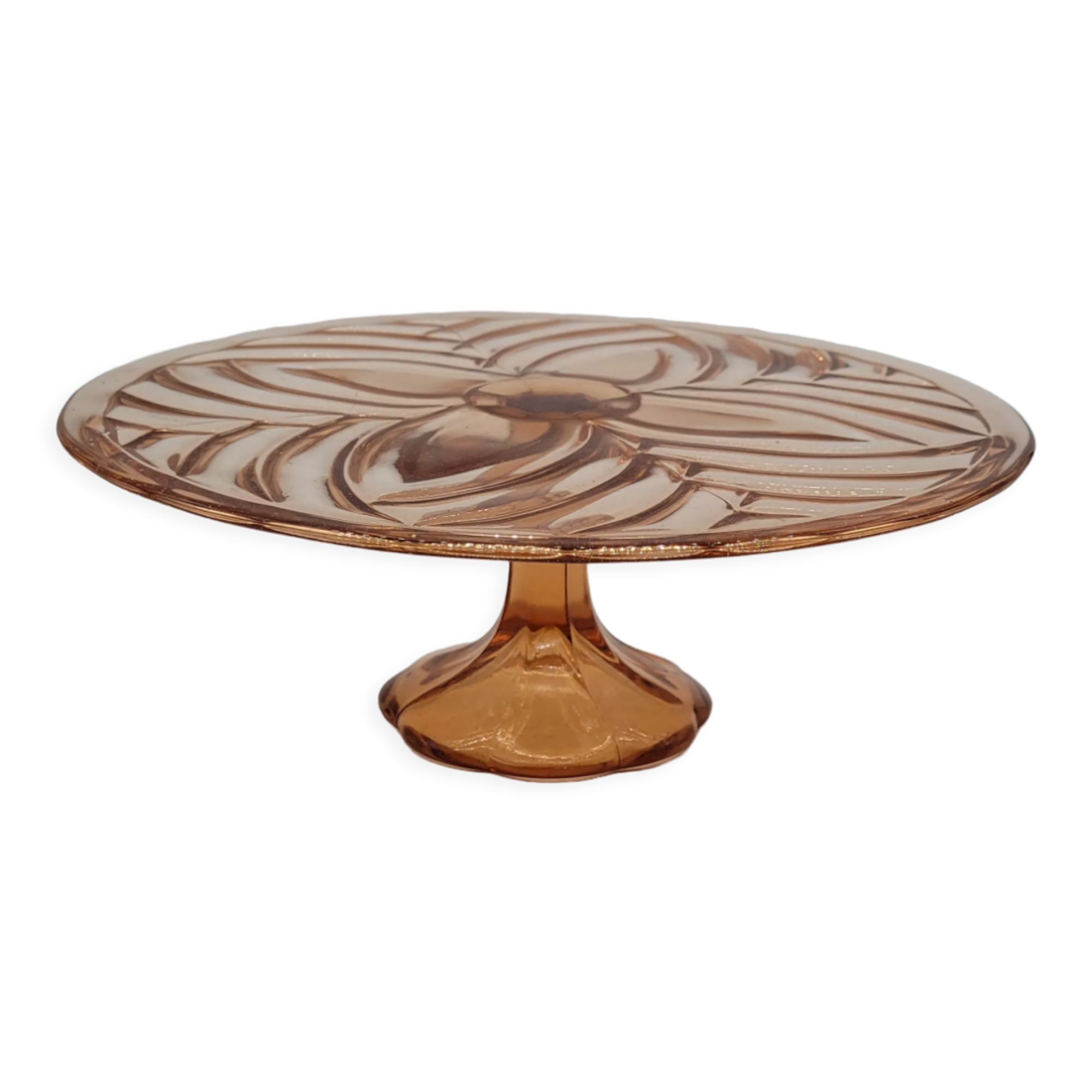 Plat à tarte ou gâteau sur pied verre moulé rose fleurs