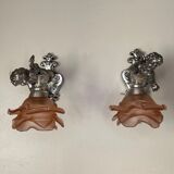 Pair of wall sconces, cherubs, angels, silvered
