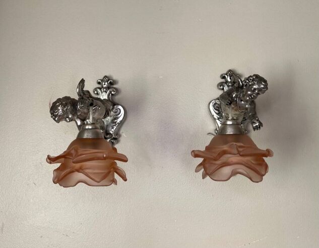 Pair of wall sconces, cherubs, angels, silvered